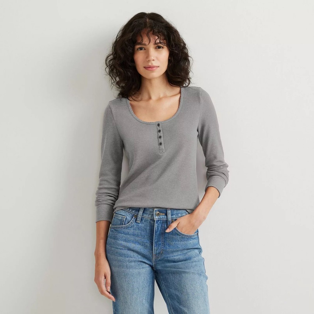 NWT Eddie Bauer Womens XL Infinity Thermal Henley Top Heather Grey Waffle Knit